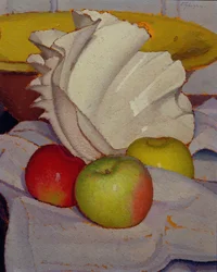 Composition avec coquillage et trois pommes