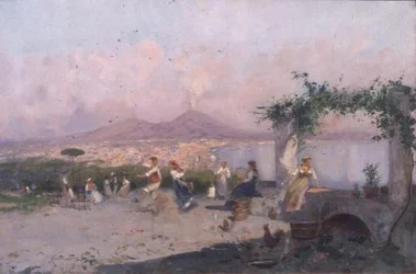 La baie de Naples avec des figures dansant au premier plan