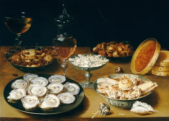 Plats avec huîtres, fruits et vin, vers 1620-25