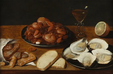 Nature morte avec huîtres, pâtisserie, citron et verre de vin