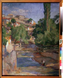 Paysage avec pont et fleuve