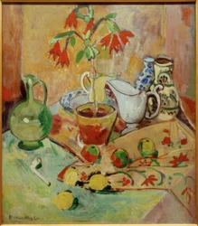 Nature morte avec plante en pot, cruches, fruits et pipe