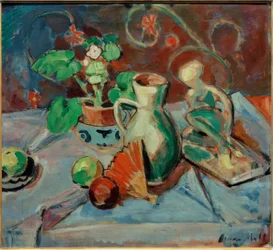 Nature morte avec cruche blanche, sculpture, éventail et oranges