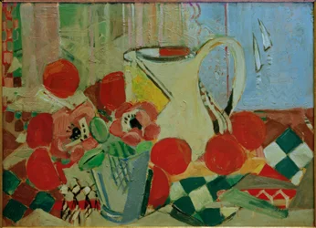 Nature morte avec cruche blanche et motif de carreaux