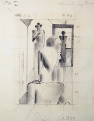 Figures dans une pièce, par Oskar Schlemmer, crayon sur papier. Allemagne, 20e siècle