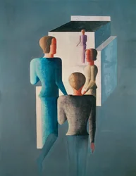 Quatre personnages et un cube (peinture sur toile)