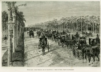 Buenos Aires, avenue Sarmiento, parc Trois Février. Gravure par Tofani, pour illustrer l