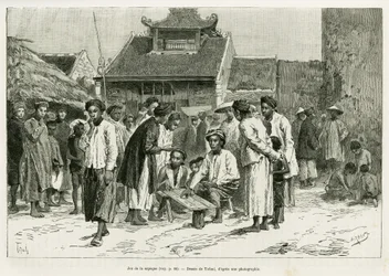 Jeu de la sapeque. Gravure par Tofani, pour illustrer l