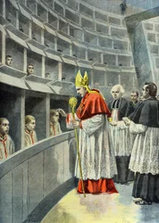 Monseigneur Richard donne une confirmation aux jeunes prisonniers de la Petite Roquette