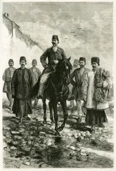 Le gouverneur de Kashan (ou Kachan, dans la province de Téhéran, Iran actuel) monte un cheval noir et sa suite est à pied. Gravure de Tofani, d