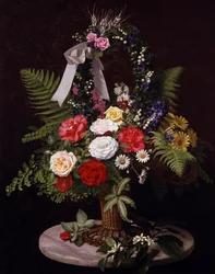 Nature morte de fleurs dans un panier (marguerites, fougeres, roses)