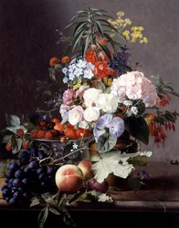 Nature morte de fruit et fleurs. Peinture de Otto Didrik Ottesen (1816-1892) Collection privee.