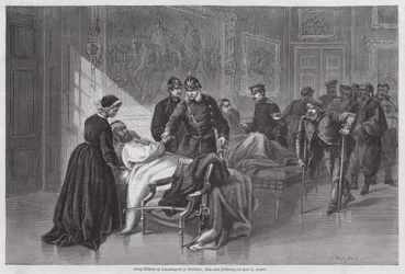 Le roi Guillaume Ier de Prusse rencontrant des soldats blessés au Palais de Versailles, France, Guerre franco-prussienne