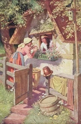 La méchante reine, déguisée en vieille femme, offre la pomme empoisonnée à Blanche-Neige, illustration du conte des Grimm « Blanche-Neige et les sept nains », vers 1900