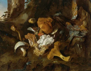 Nature morte au sol forestier avec champignons, papillons et serpent
