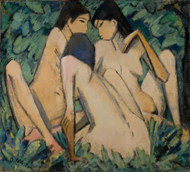 Trois filles dans un bois, vers 1920 (huile et tempera sur panneau)