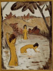 Trois baigneurs dans un étang (maladie de Carré sur toile de jute)