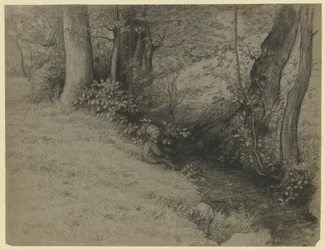 Paysage de ruisseau avec des garçons