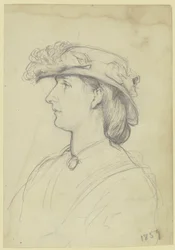 Portrait de femme au chapeau, de profil vers la gauche