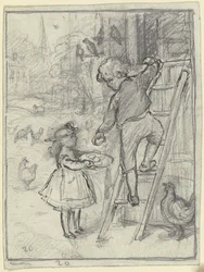 Garçon et fille ramassant des œufs