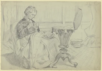 Luise Scholderer à la table de couture, avec un ouvrage de couture