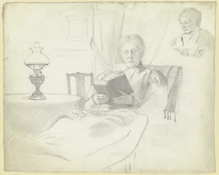 Luise Scholderer lisant avec une table et une lampe, buste d