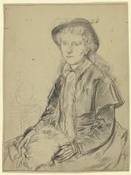 Luise Scholderer assise, en costume de voyage avec manchon