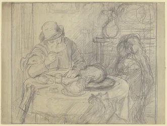 Homme à la table à manger avec enfant et chat