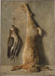 Nature morte avec lièvre mort et pintade devant un mur gris