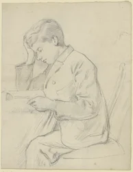 Victor Scholderer lisant à table