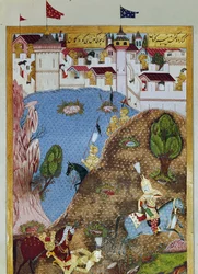 Empire ottoman : représentation du Sultan Soliman I dit le Magnifique (1520-1566) et son armée attaquant la ville de Belgrade