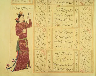 Femme jouant du rebab et calligraphie