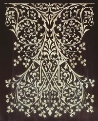 Vitrine, détail du panneau incrusté (bois et nacre)