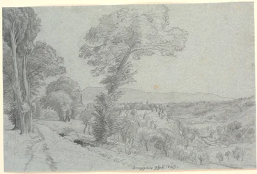 Paysage de montagne italien avec vue sur "Genazzano 9 juillet 1869"