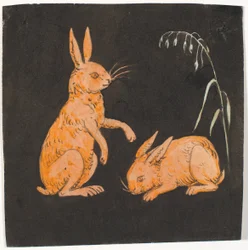 Deux lièvres (lapins ?) sur fond noir. Projet décoratif.