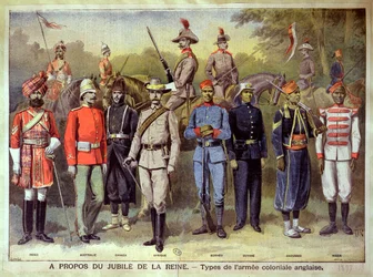 Armées coloniales anglaises dans leurs uniformes respectifs en célébration du Jubilé de la reine Victoria, 21 juin 1883, illustration de 