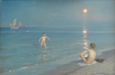 Garçons se baignant à Skagen. Soirée d
