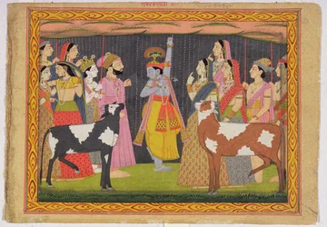 Krishna soulevant le mont Govardhana, du Bhagavata Purana, Kulu, Himachal Pradesh, 1749