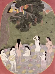 Krishna avec les vêtements des filles de vache, Tehri-Garhwal, vers 1820-30