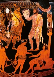 Cratère à volutes à figures rouges avec un acteur tenant son masque, de Ruvo, vers 410 av. J.-C.