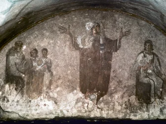 ART PALÉOCHRÉTIEN : Catacombe di St. Priscilla. Cubible de la Velata, fin du IIIe siècle (fresque)