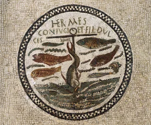 Mosaïque avec une ancre entourée de poissons, symbole du Christ et de ses disciples, catacombes de Sousse, Tunisie, période paléochrétienne, IVe siècle