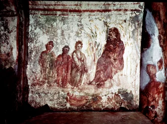 Art paléochrétien : Moïse sauvé des eaux du Nil par la fille de Pharaon. Fresque des catacombes de la Via Latina à Rome. 4e siècle
