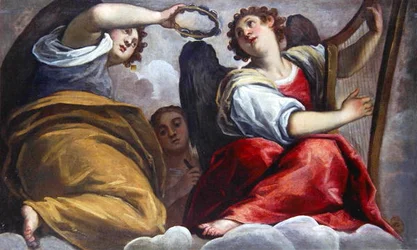 Anges musiciens avec un cymbale et une harpe