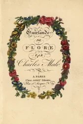 Page de titre calligraphique dans une couronne florale de roses, tulipes et autres fleurs