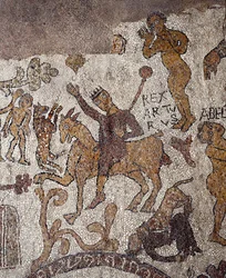 Représentation du roi Arthur et de Perceval. Mosaïque de Pantaleone, prêtre et mosaïste. 1163-1166. Nef centrale de la cathédrale d