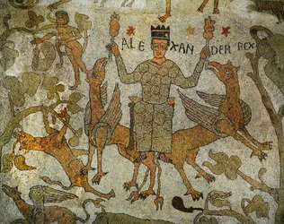 Alexandre le Grand sur un trône soutenu (mosaïque)