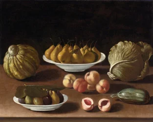 Nature morte aux poires, pêches, figues, melon, chou et courge