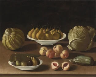 Nature morte avec poires, pêches, figues, un melon, chou et courge