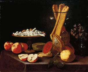 Douceurs sur une Tazza, Narcisses dans un Vase en Verre, Gressins dans un Pot, et Pommes, Gelée et Citron sur une Table Drapée